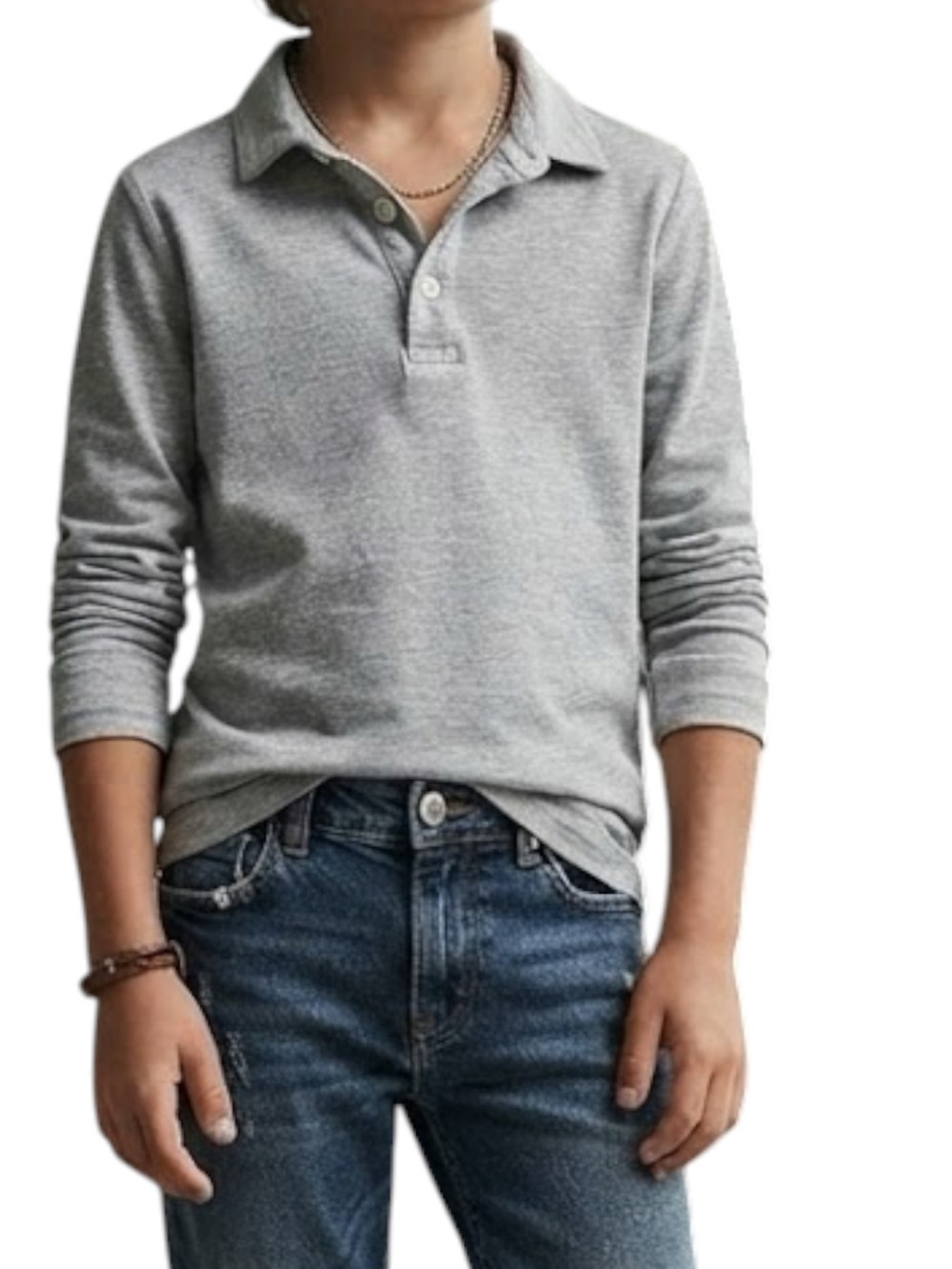 ZARA Kids Utility Preppy Grey Long Sleeve Pique Knit Collared Polo Shirt 9-10Y